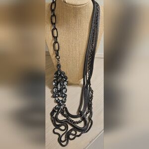 MARINA FOSSATI Gunmetal STATEMENT LONG NECKLACE Gray Silver Crystals Multi Stand